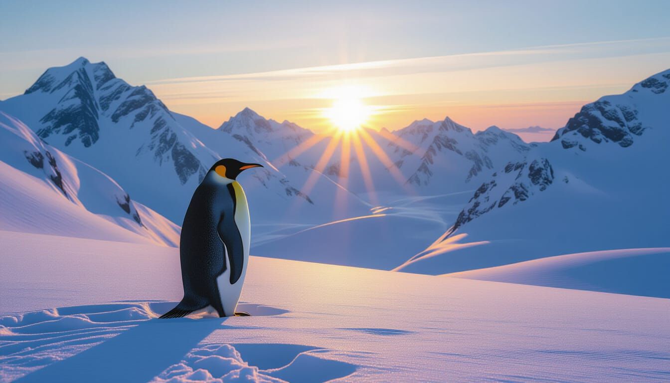 Majestic Penguin in Snowy Mountains at Dawn