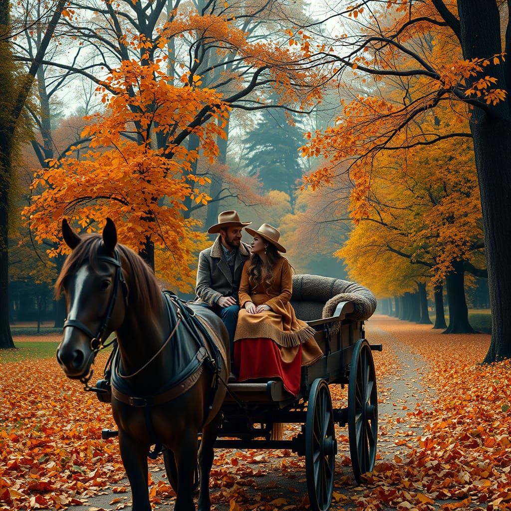 Autumn Couple on Horse-Drawn Wagon, Digital Matte Painting