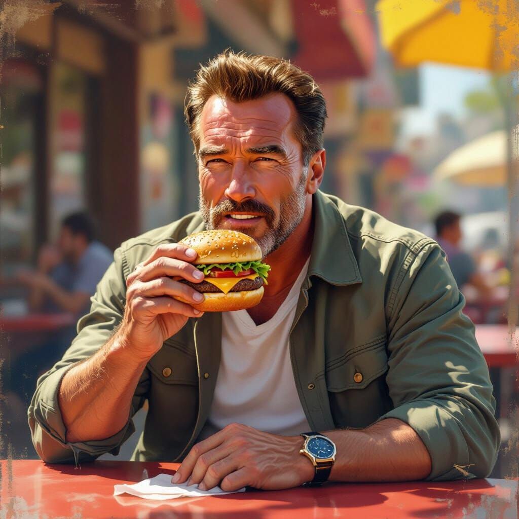 Photorealistic Man Savoring Hamburger in Sunlight