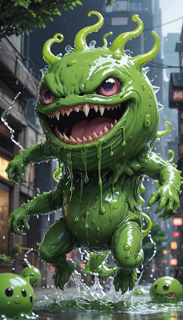 Anime style slime monster bouncing around By artist "anime", 3d anime art, inspired by WLOP, Artstation, #genshinimpact ...