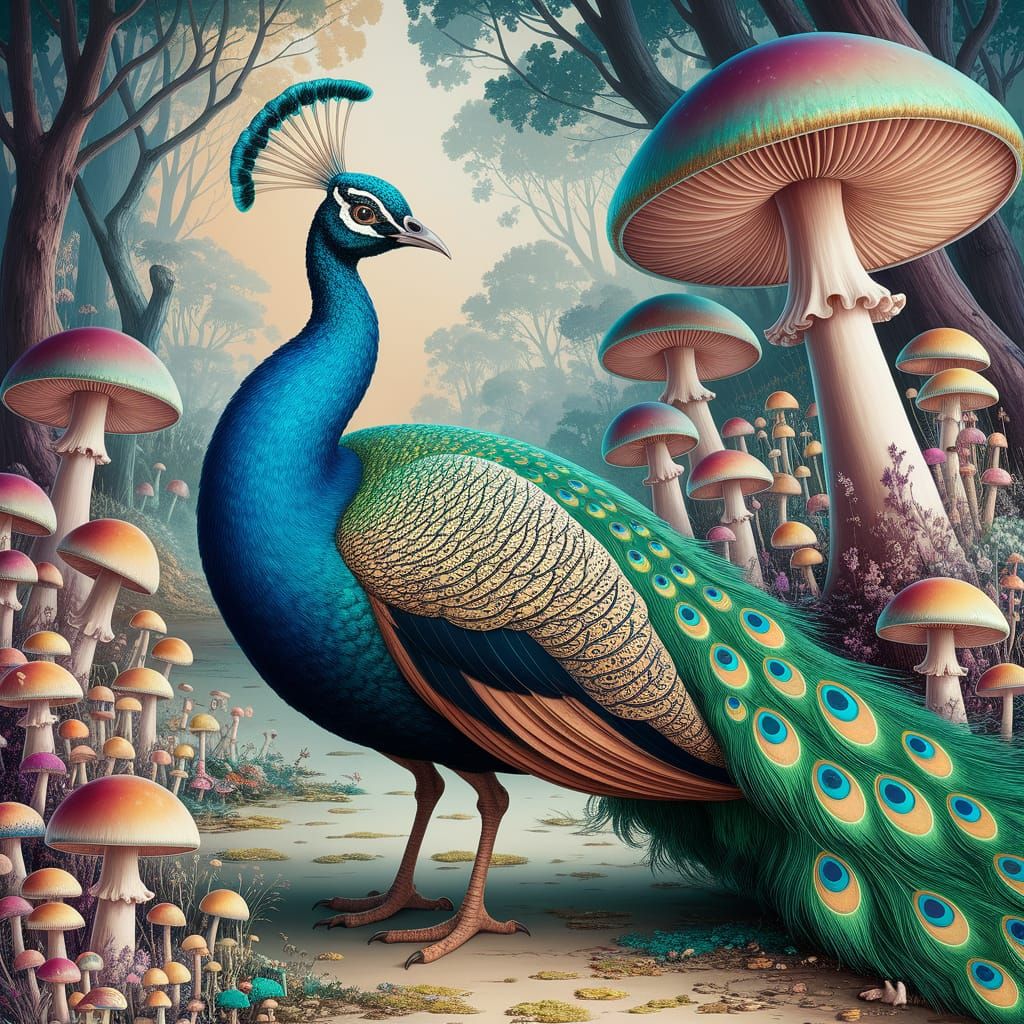 Turquoise Peacock in Luminous Mushroom Forest