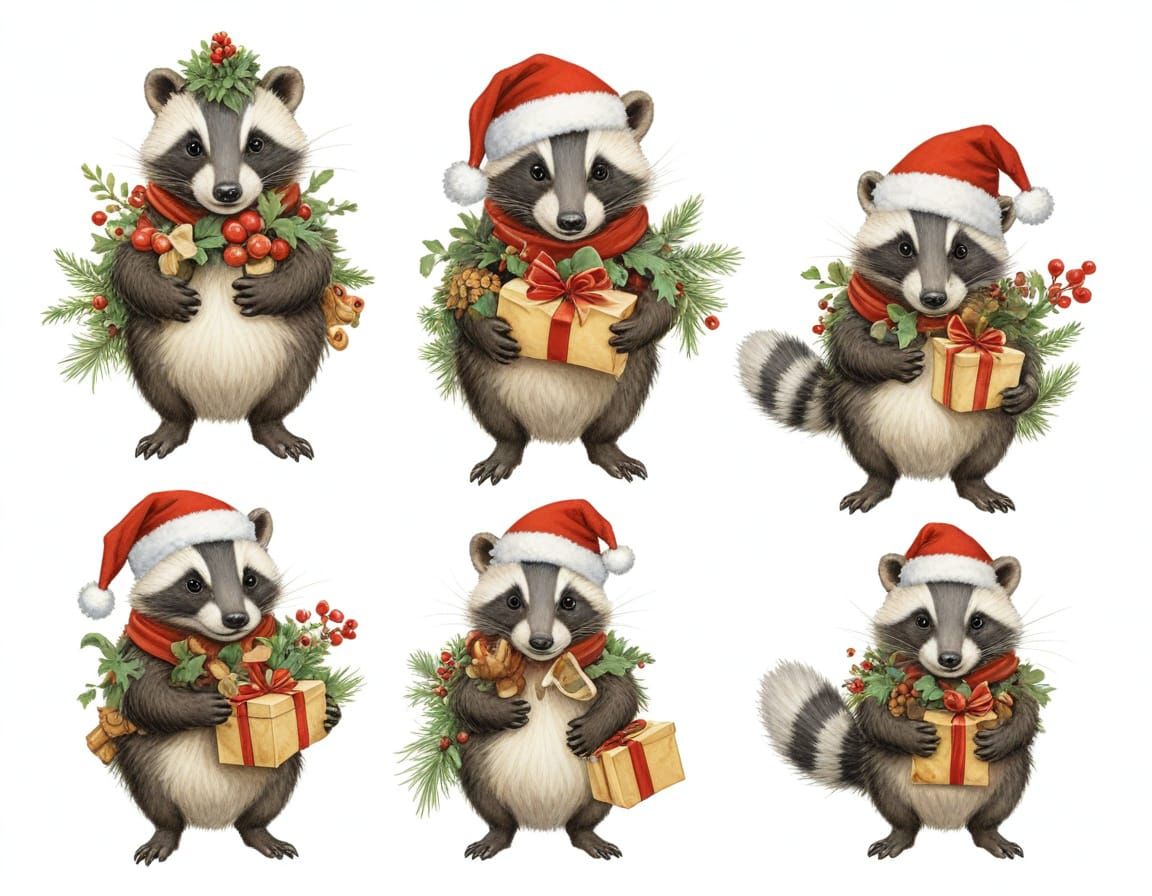 Cute Christmas Badgers in Festive Outfits