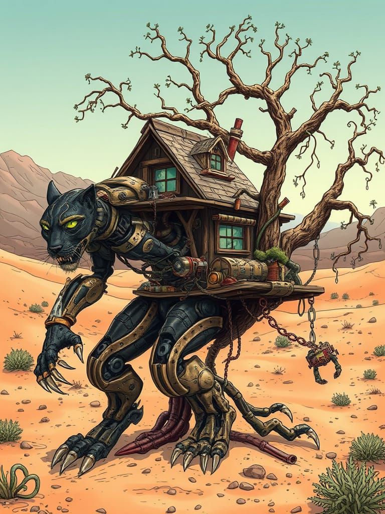 Cyberpunk Panther Builds Futuristic Treehouse in Desert Land...