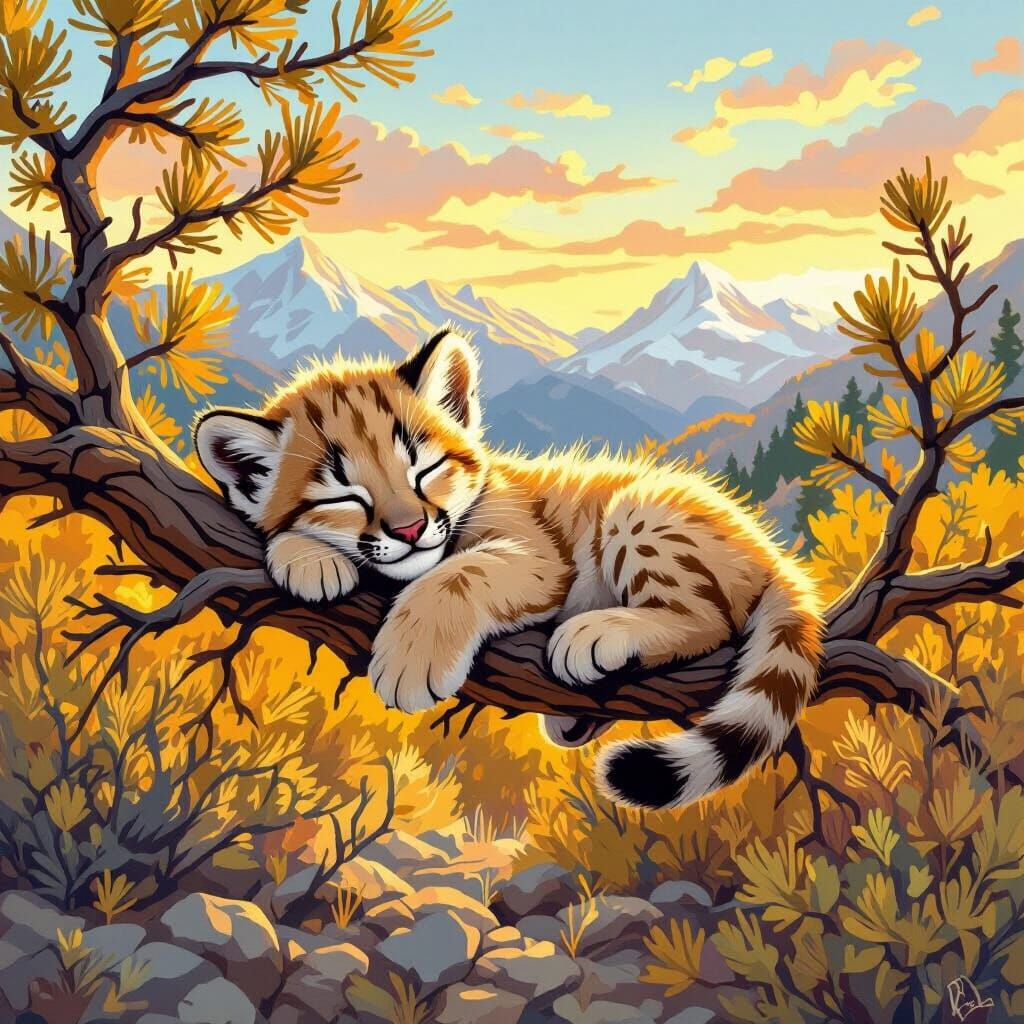 Cute Cartoon Mountain Lion Cub Sleeping on Pine Branch