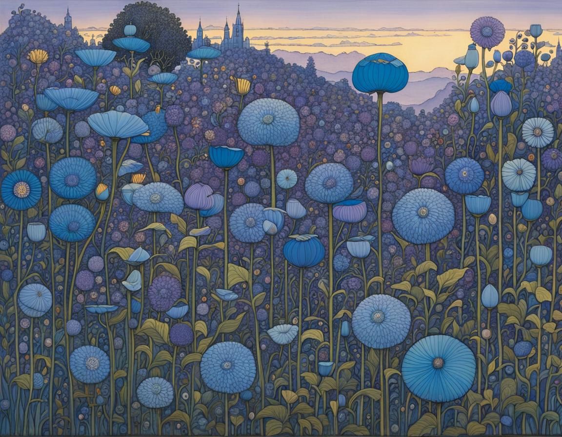 Translucent Blue Flowers in Soft Light, Inspired By Two Mast...