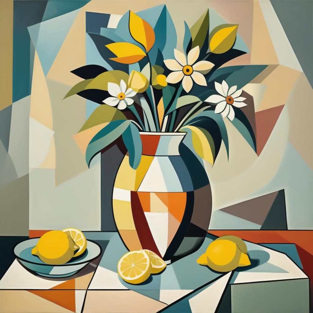 Cubist Still Life: Flowers and Lemons in Picasso Style