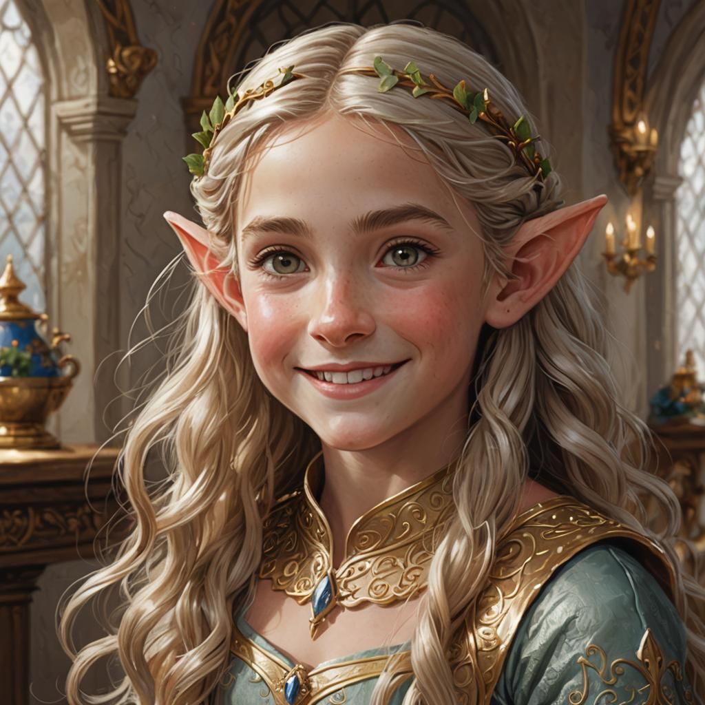 Smiling Young Elf Princess in Royal Room