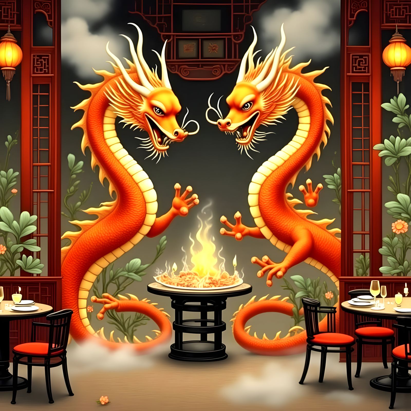 Asian Restaurant Scene with Chinese Dragons
