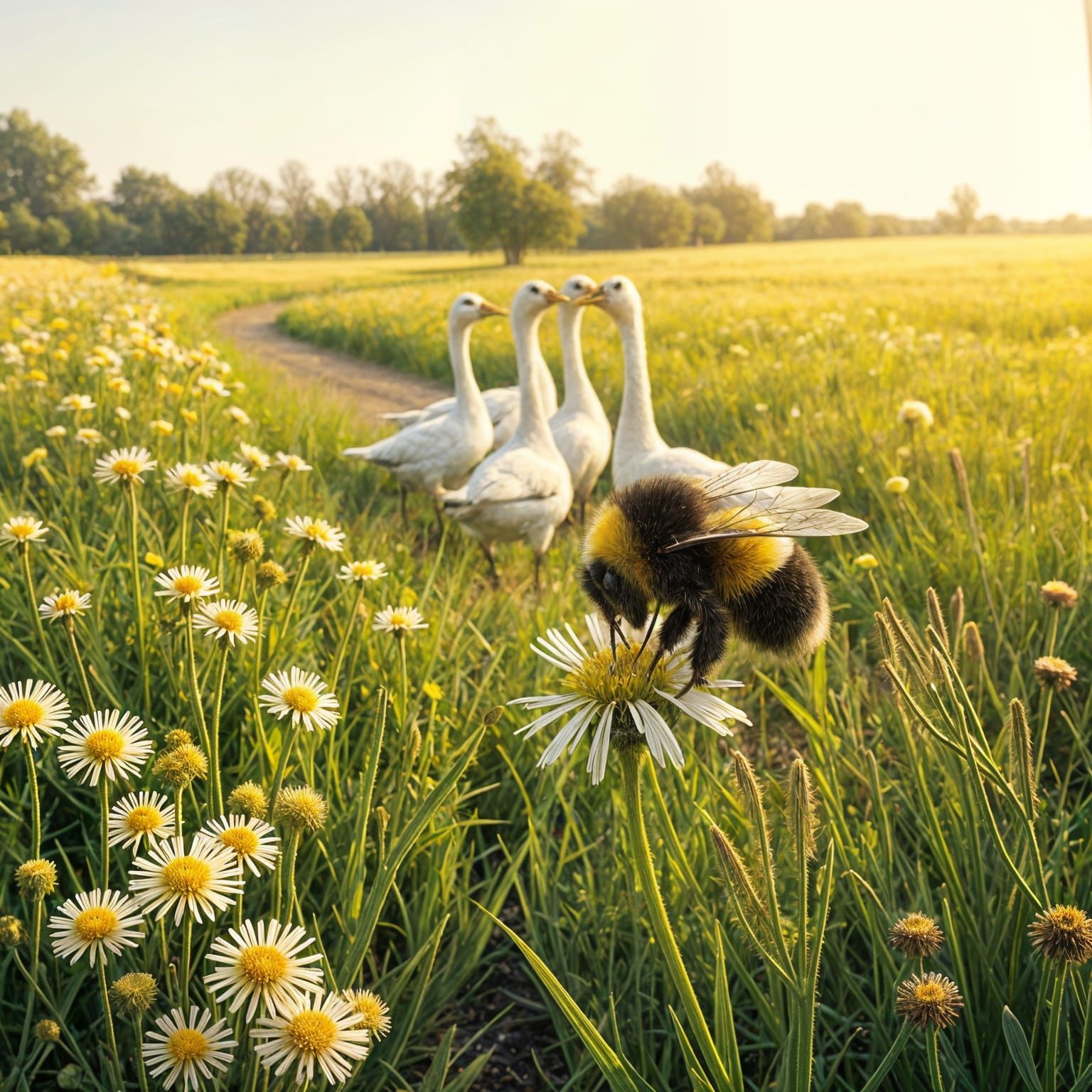 Vibrant Blooming Gardens with Geese and a Majestic Bumblebee