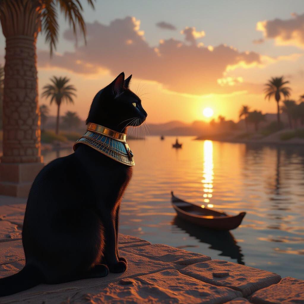 Majestic Black Pharaoh Cat Gazes at Nile River