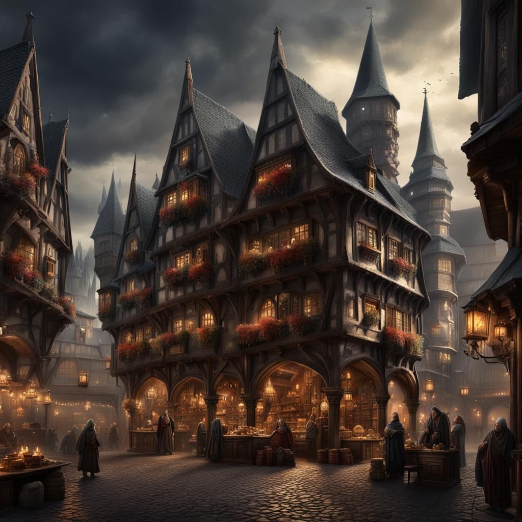 Busy Medieval Merchants Guild in Dark Fantasy Style