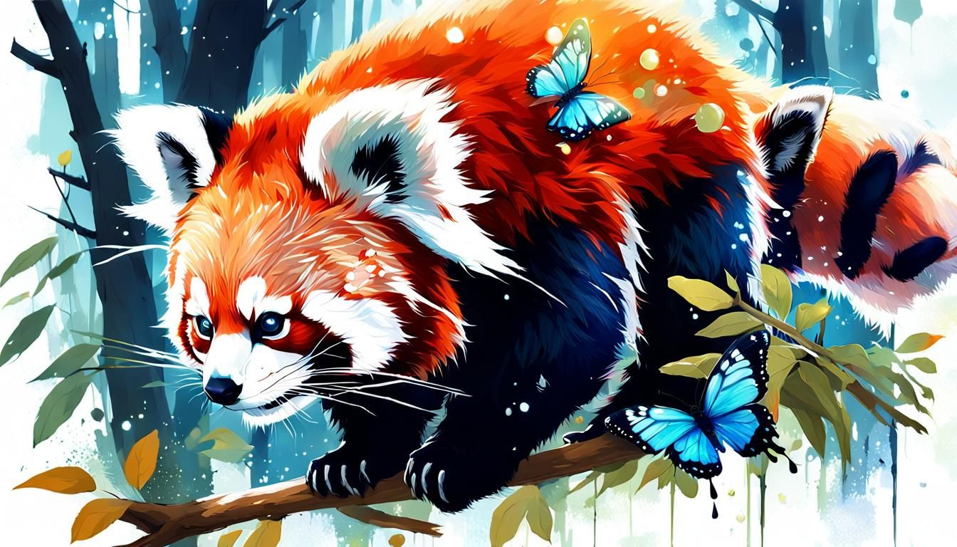 Red Panda and Butterfly in Magical Forest