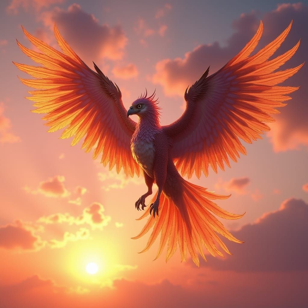 Majestic Griffin in Sunset Splendor, Detailed Fantasy Art
