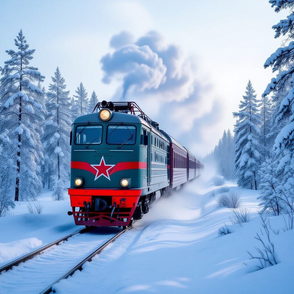 Soviet Winter Train in Snowy Taiga, Realistic 1980s Photogra...