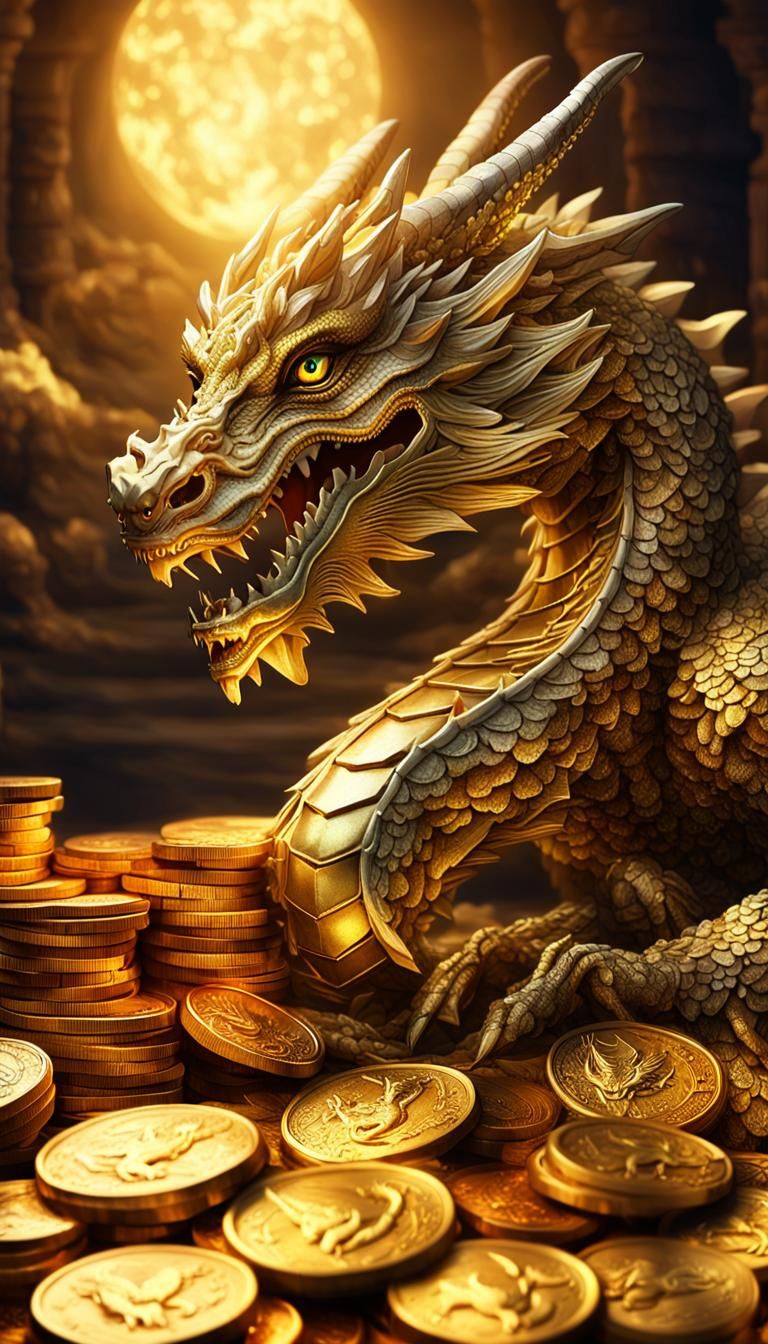 Gold Dragon Guarding Treasure Hoard in Fantasy Art