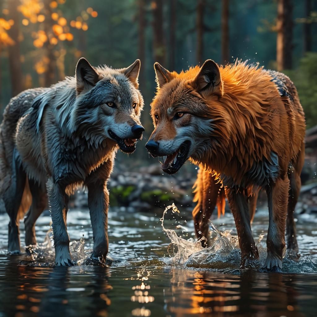 Elemental Wolves of Fire and Water by River