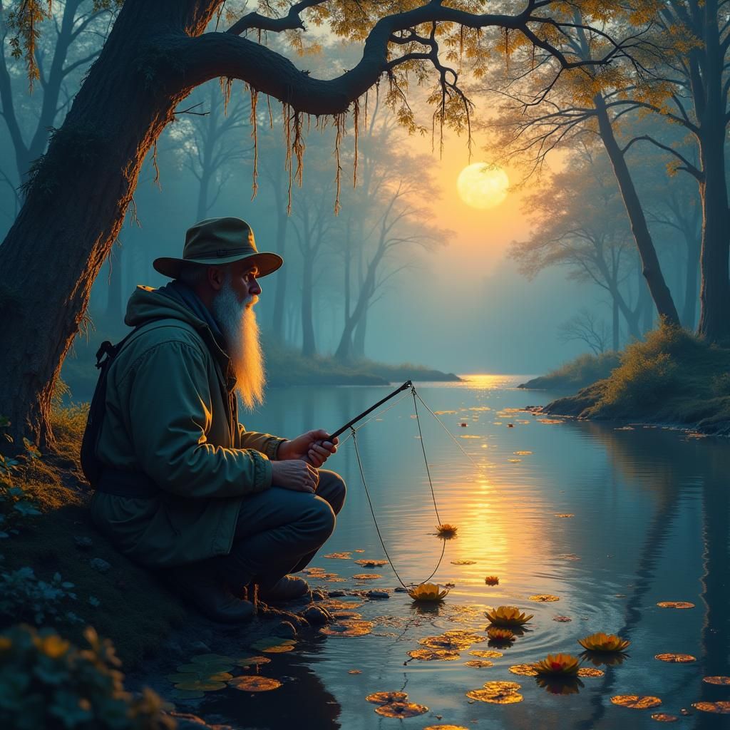 Mystical Fisherman on Glowing Lake at Dusk