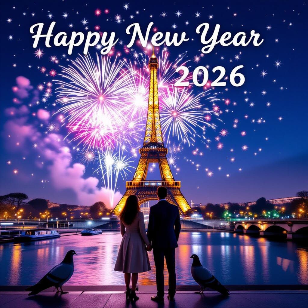 Couple Watching Eiffel Tower Fireworks for New Year's Eve
