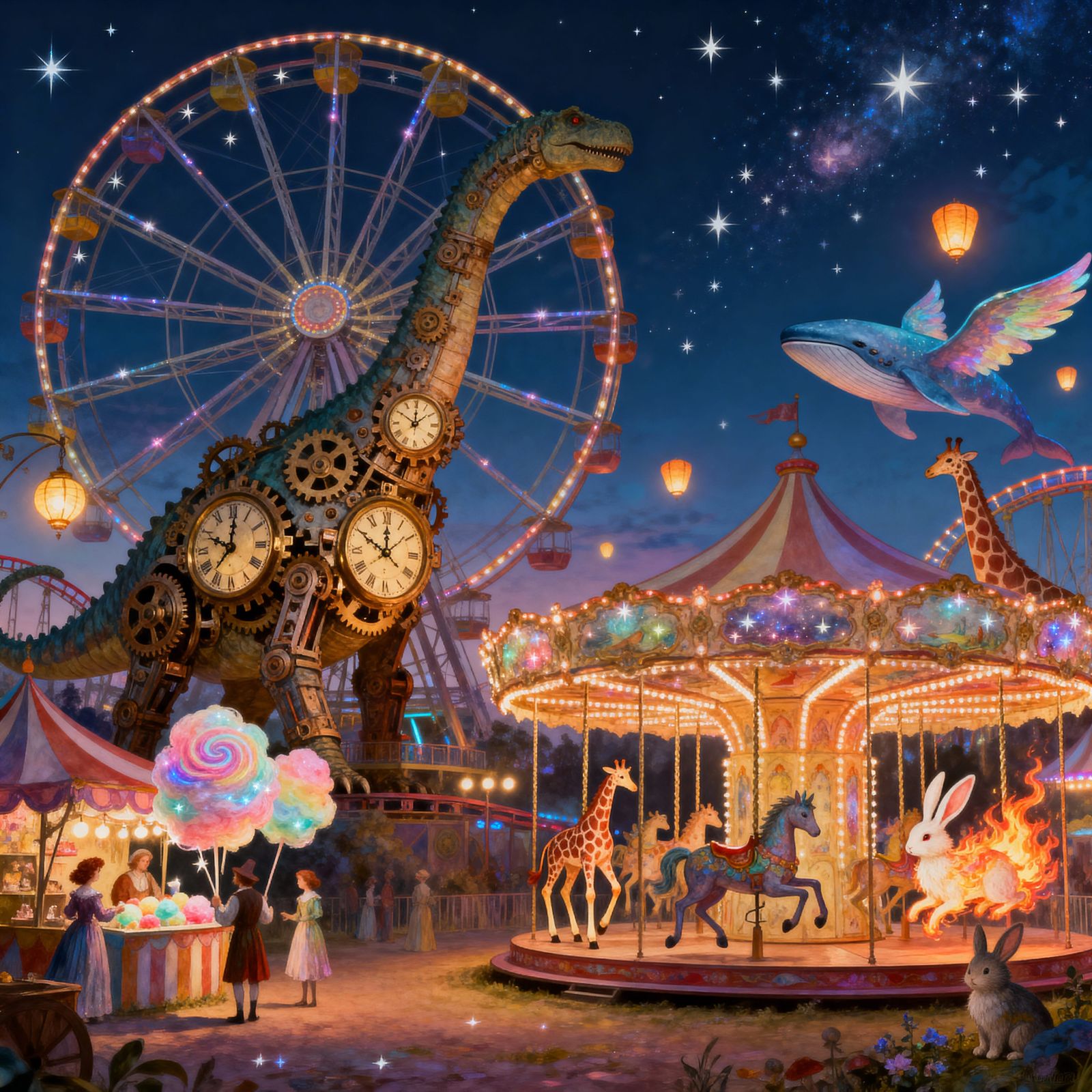 Surreal Clockwork Dinosaur Carnival with Mythical Creatures