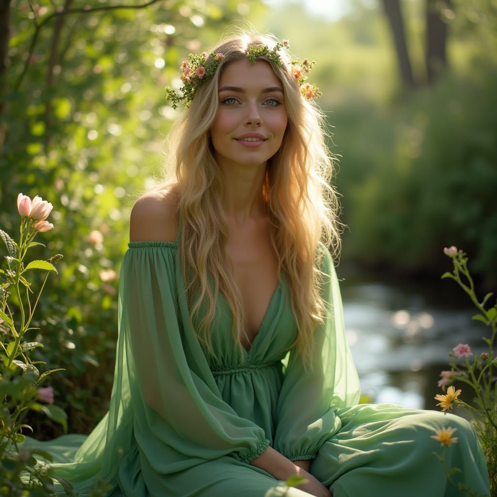 Woman with Flowers by Waterfall in Hyperrealistic Style