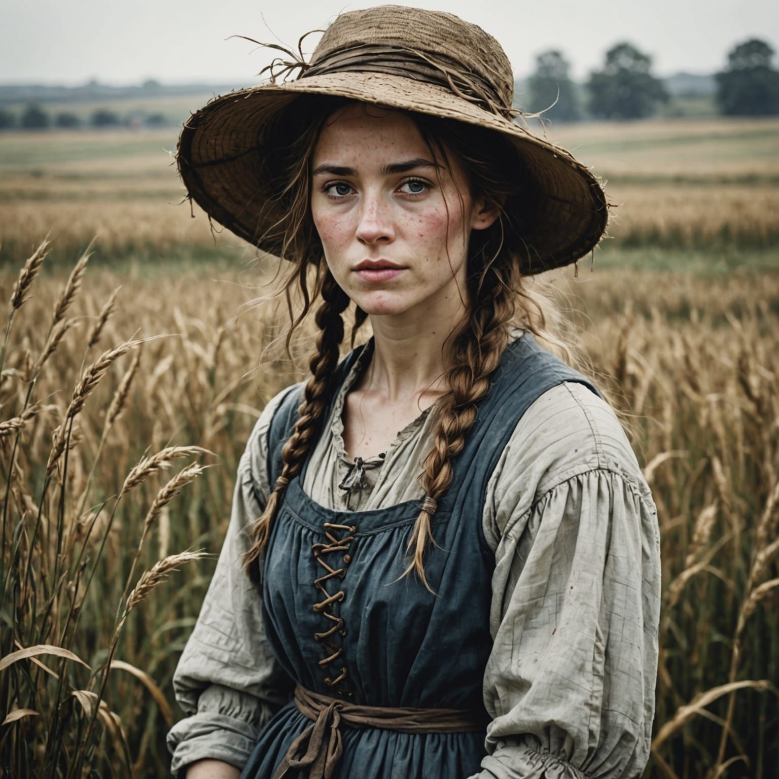Peasant Woman in Field: Arthur Rackham Style