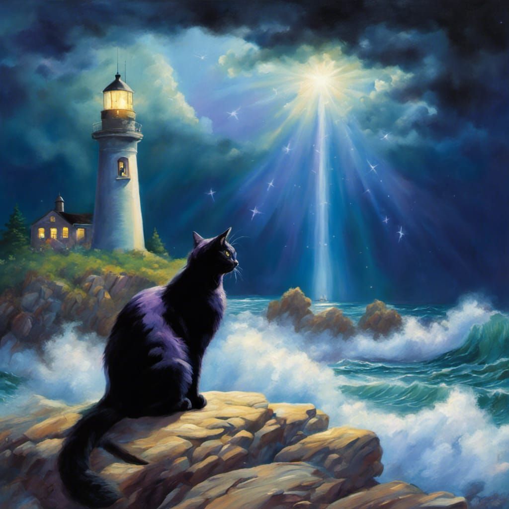 Mysterious calm black cat sitting on rock next to stormy sea. Cat has perfectly defined features and
proportions plus l...