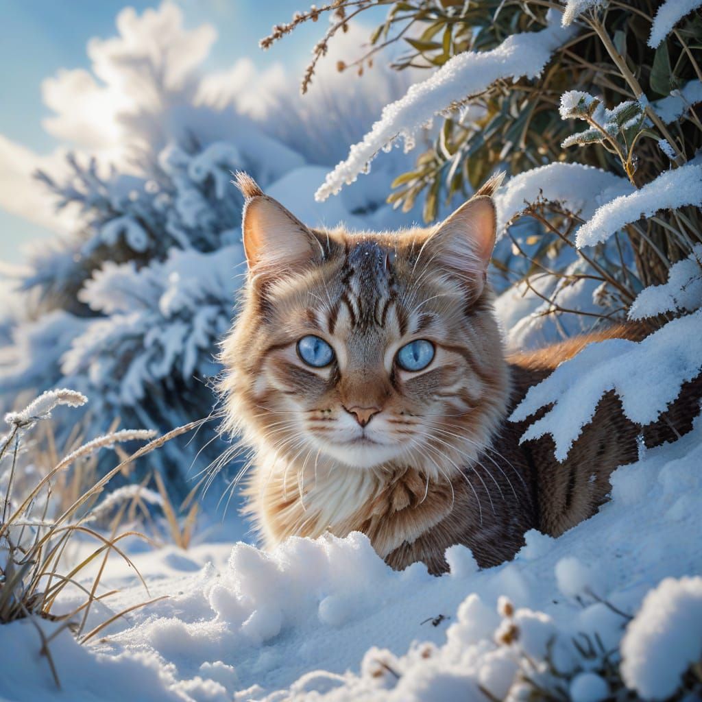 Curious Cat Peeking from Snow in Watercolour Style