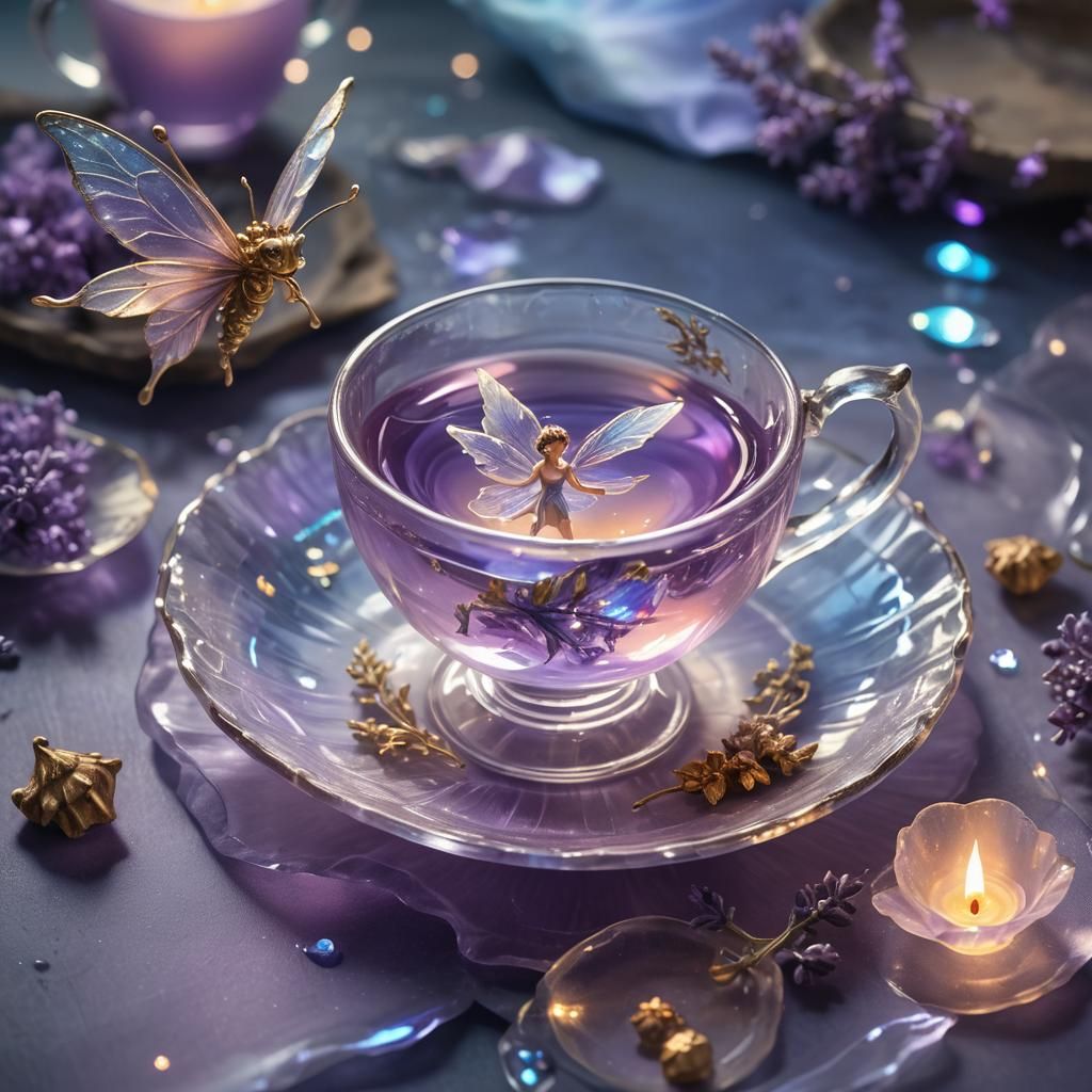 Friendly Water Fairy in Tea Glass, Oil Painting Style