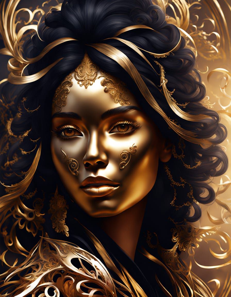 Ornate Golden Mask on Woman, Fantasy Digital Painting