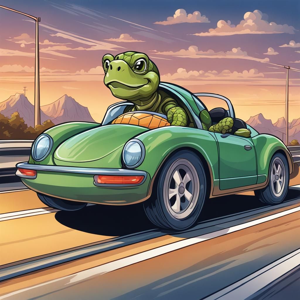 Turtle Drives Sports Car: Cel-Shaded Illustration