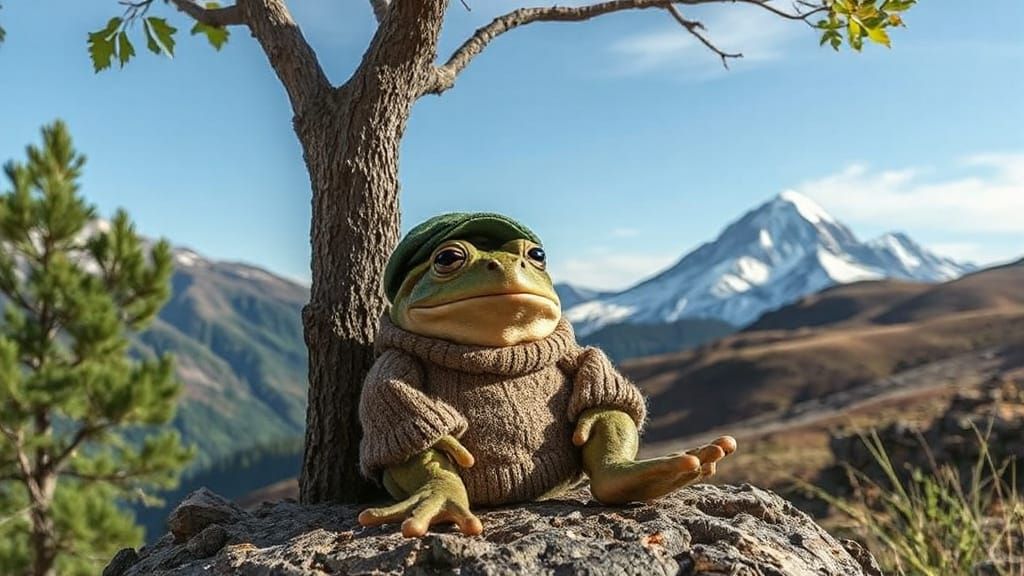 Surprised Frog in Cap Contemplates Mountain View