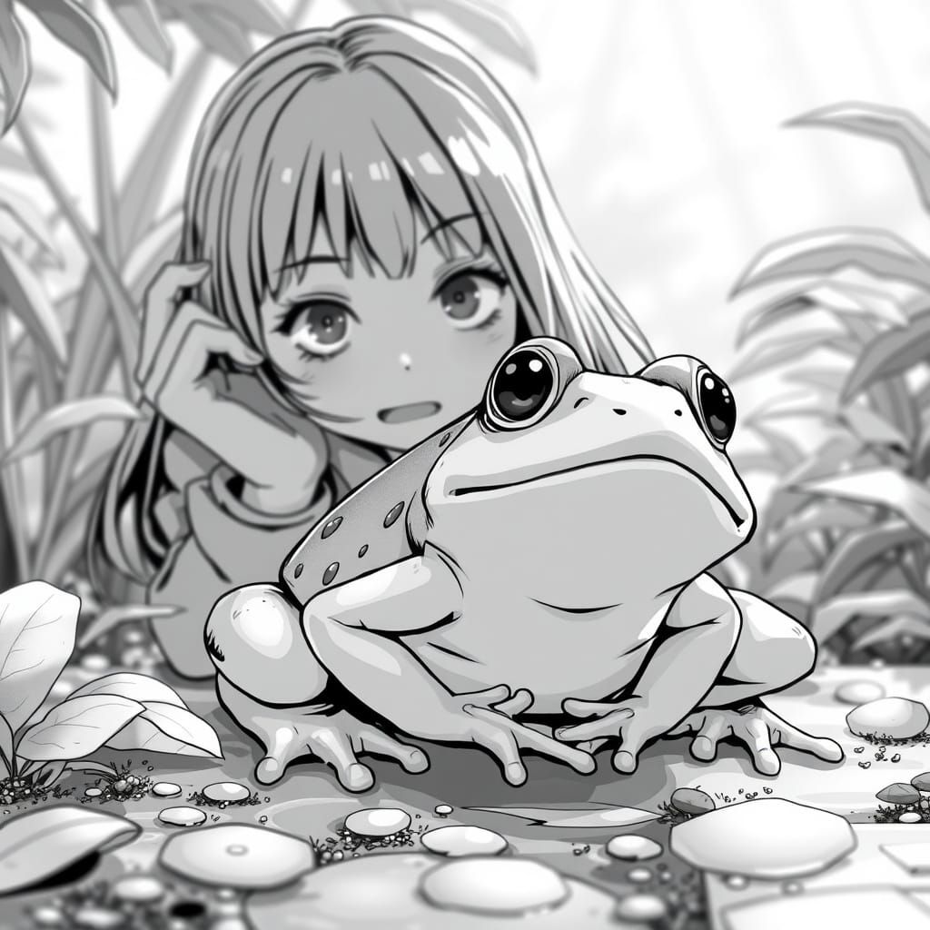 Manga-Style Frog's Surprise Encounter with a Girl