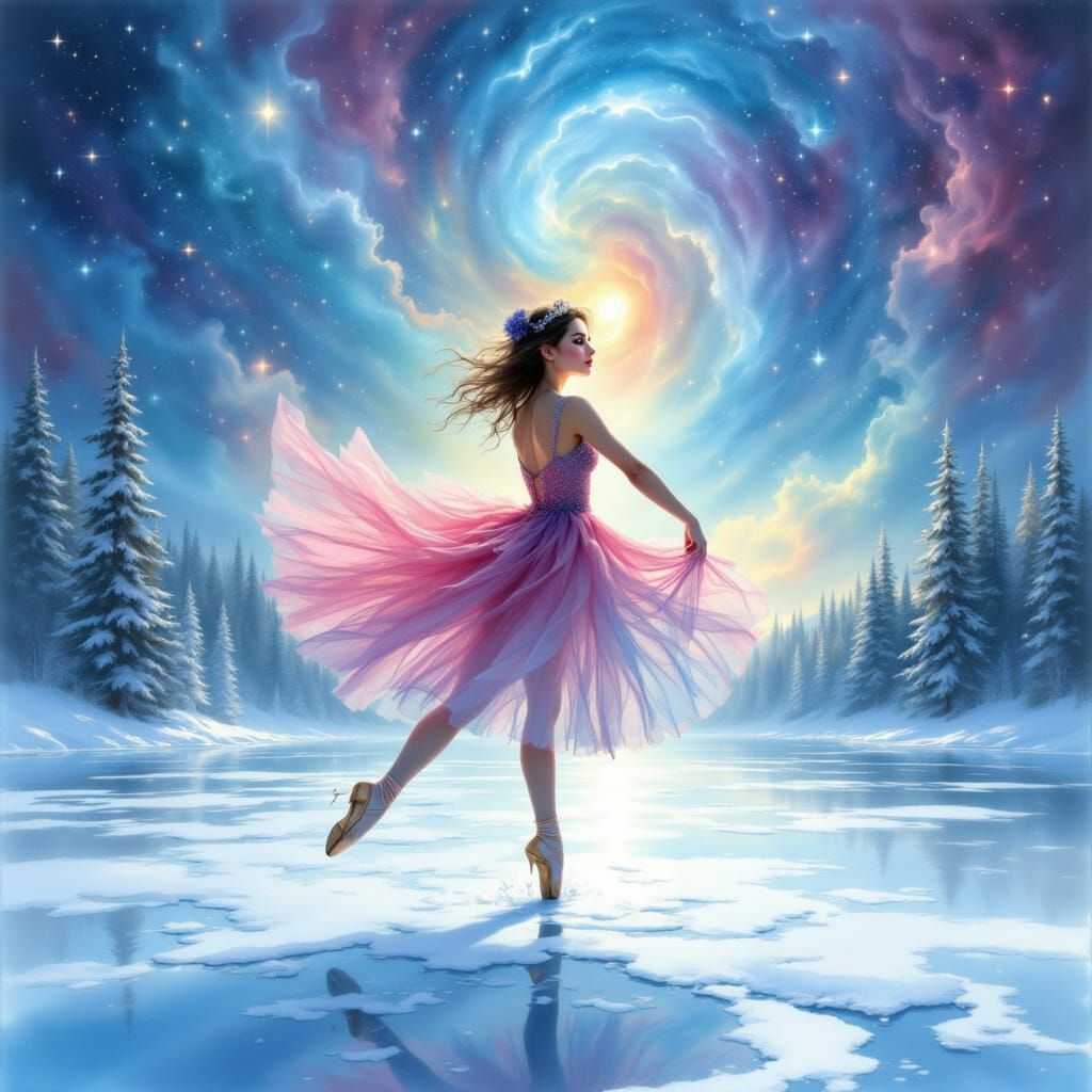 Ballerina Dances on Frozen Lake in Watercolor Style