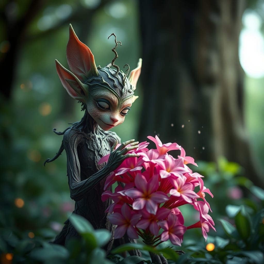 Whimsical Leaf-Bark Humanoid in Enchanted Forest