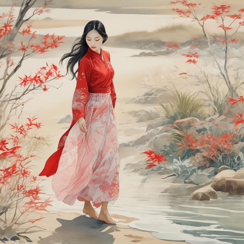 Vietnamese Woman in Ukiyo-e Style on Beach