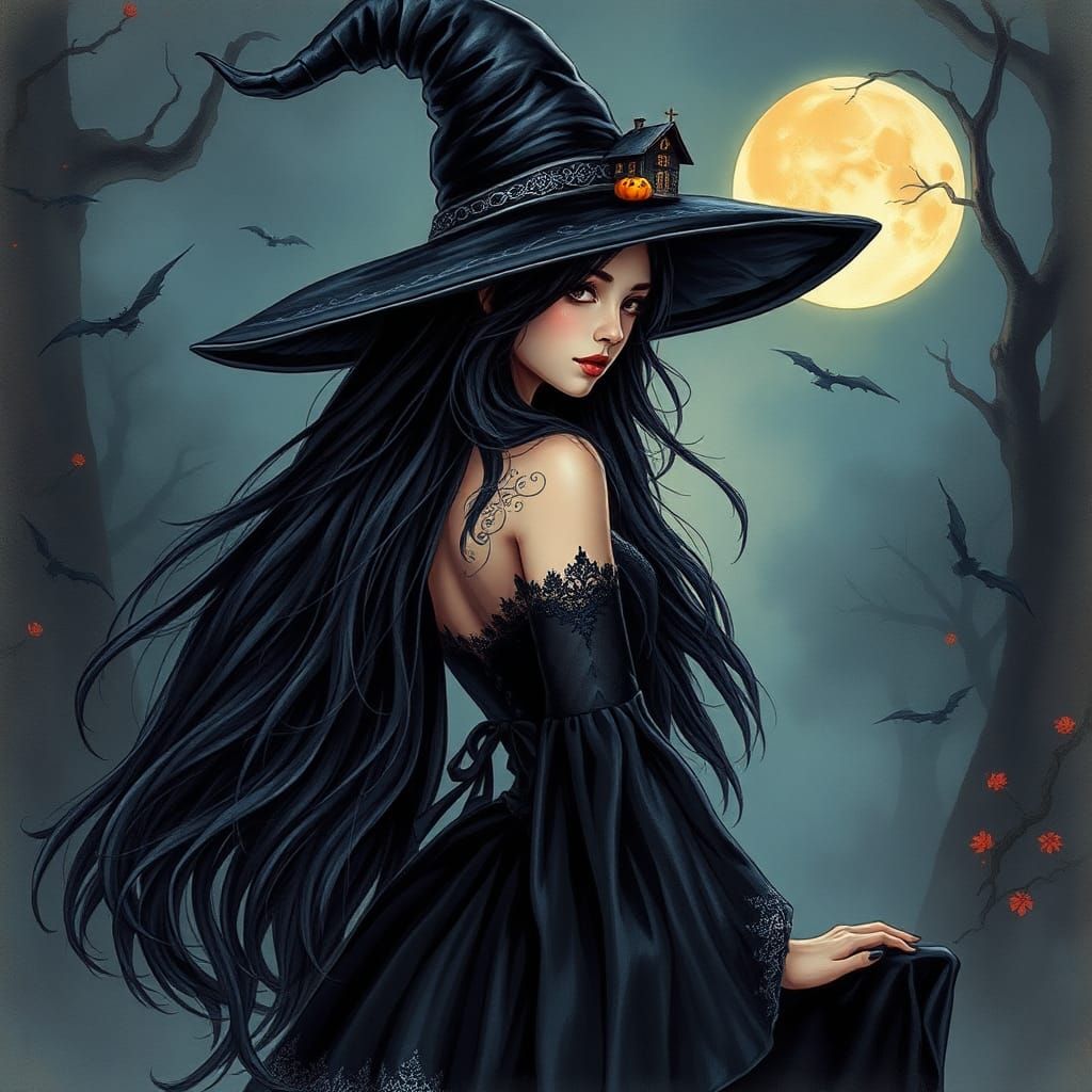 Enchanting Witch in Moonlit Fantasy Landscape