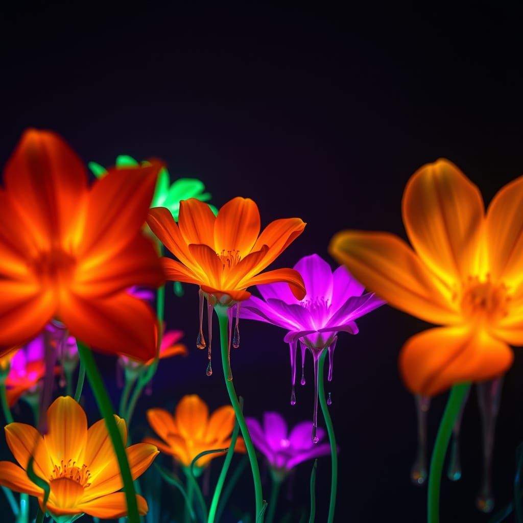 Bioluminescent Flowers in a Colorful Dark Vortex