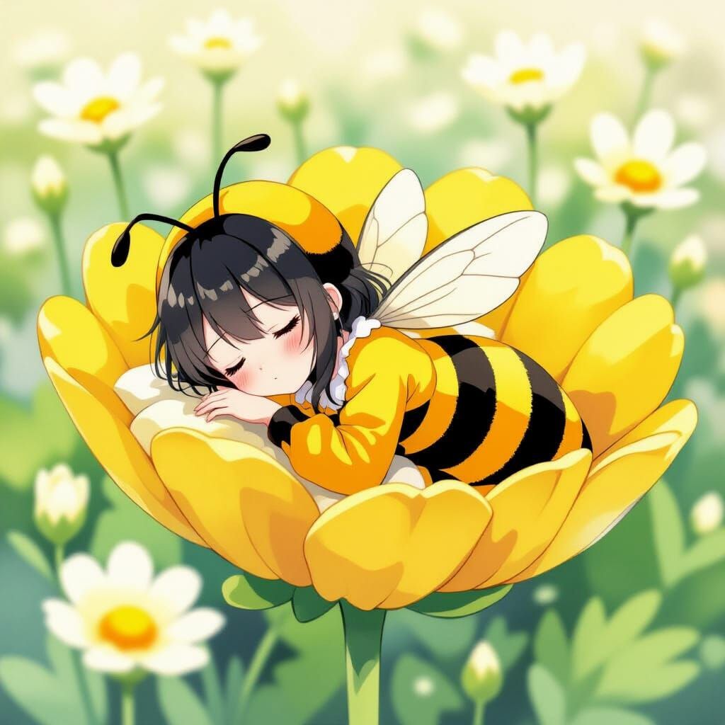 Anime Bee Girl Asleep in Buttercup, Watercolor Sketch