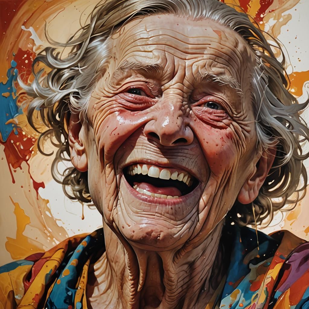 Elderly Person's Joyful Death: Hyperrealistic Splash Art
