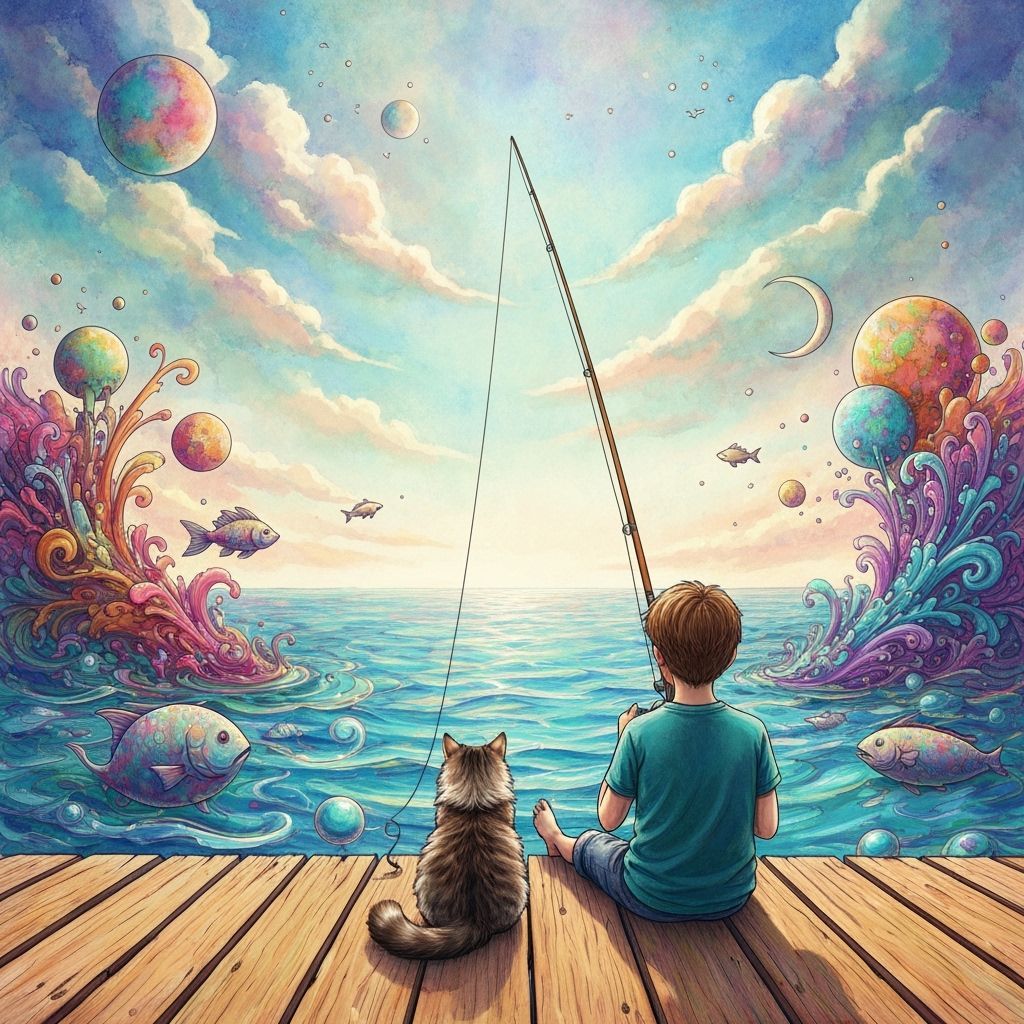 Boy and Cat Fish in Swirling Paint Ocean