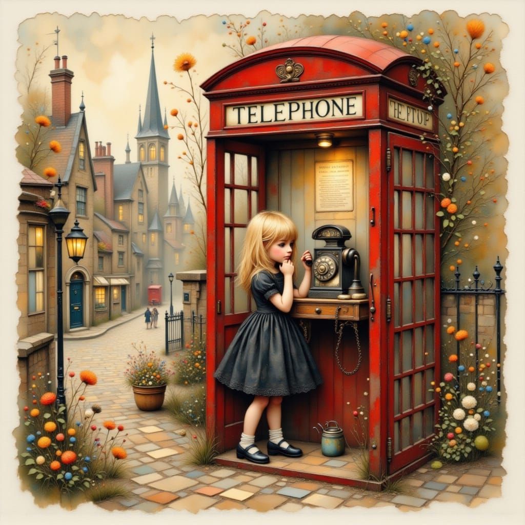 Girl in Phone Booth, Vintage Illustration Style