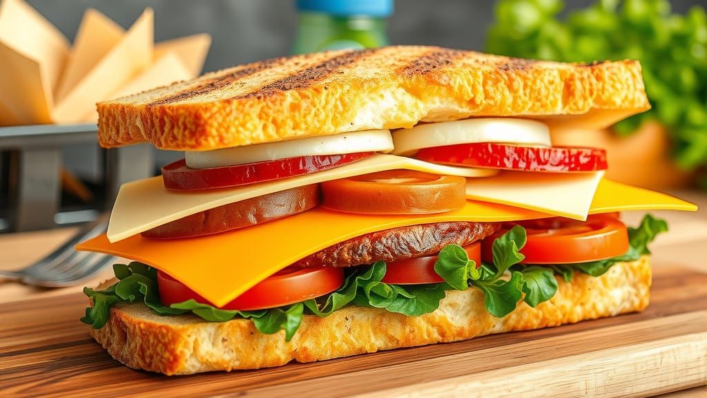 A large sandwich packed with just loads of different  Cheese...