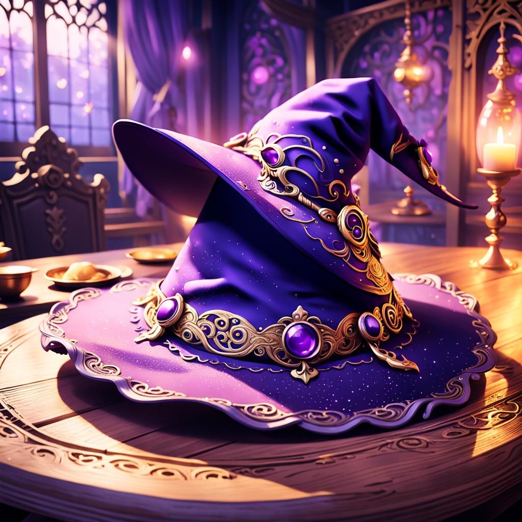 Purple Witch Hat on Wooden Table: Anime Key Visual