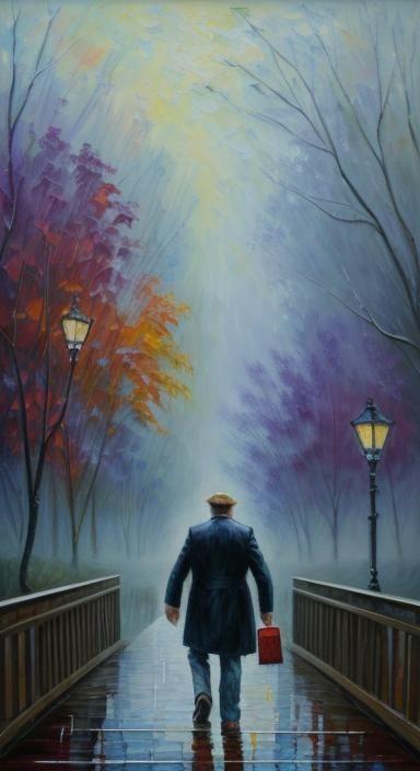 Misty Bridge Crossing in Expressionist Oil Painting