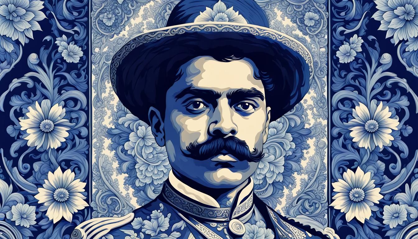 Emiliano Zapata in Delft Blue Psychedelic Art