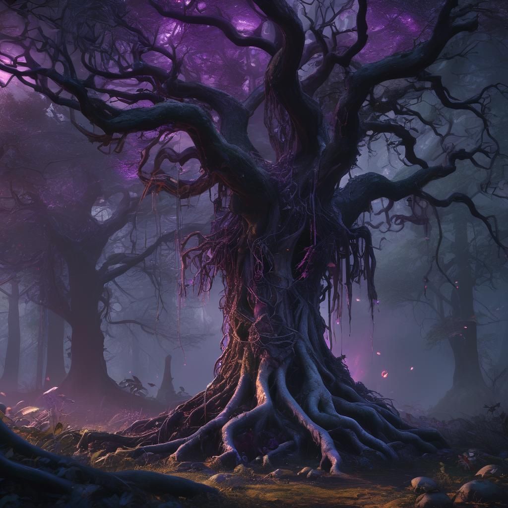 The eerie neon purple glow illuminates twisted tree roots, mist, and glowing mushrooms, creating an unsettling atmospher...