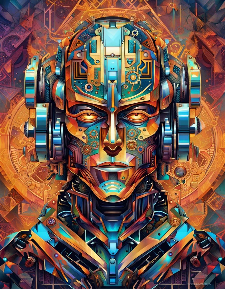Steampunk Cyborg Portrait with Cubist Mandala