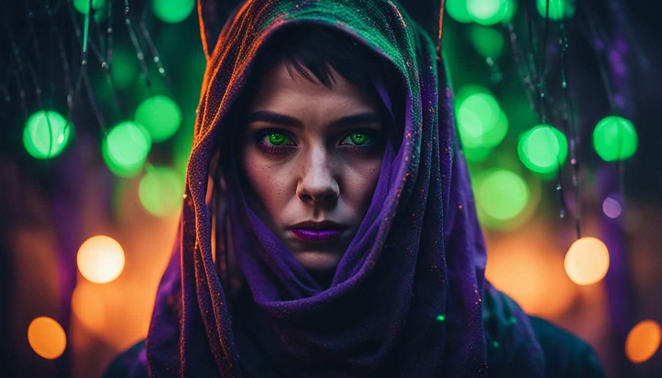 Darkcore Portrait of Veiled Woman with Cat Eyes