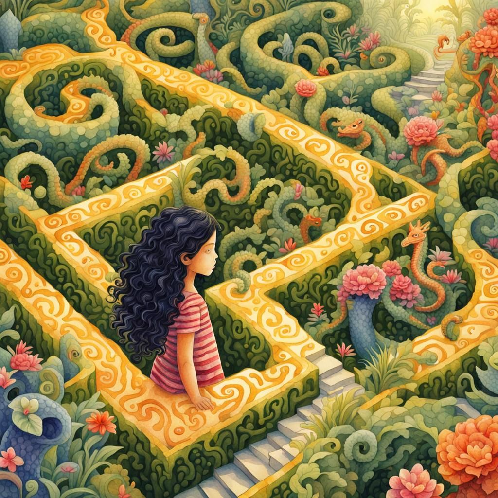 Vibrant Surreal Garden Maze with Dragons in Watercolor