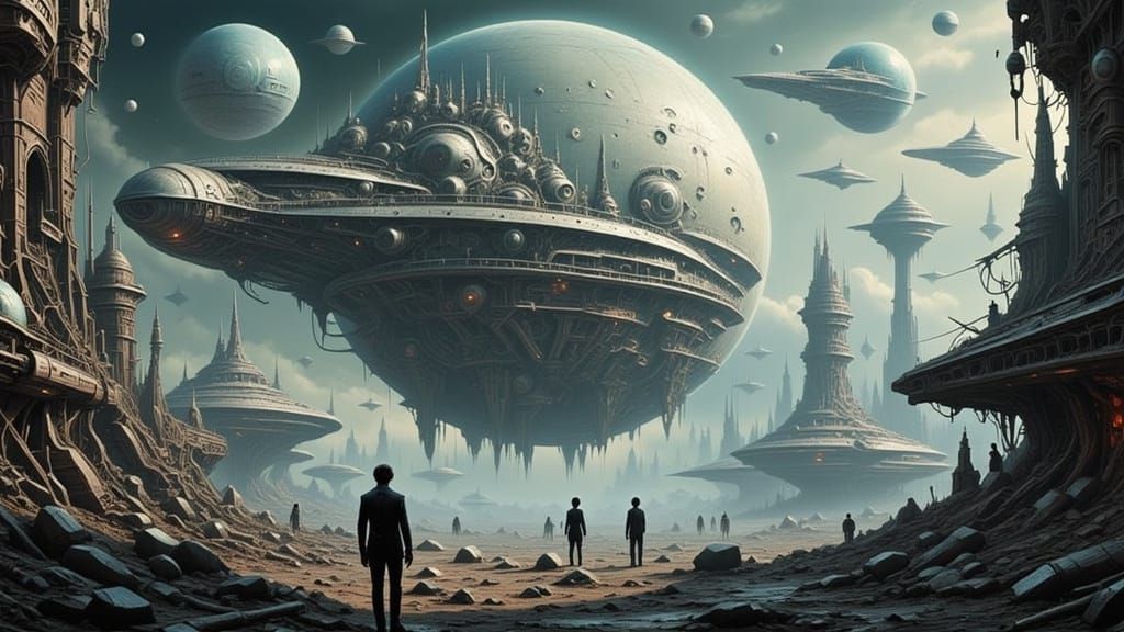 Futuristic Spaceship Graveyard in a Desolate, Muted Color Pa...